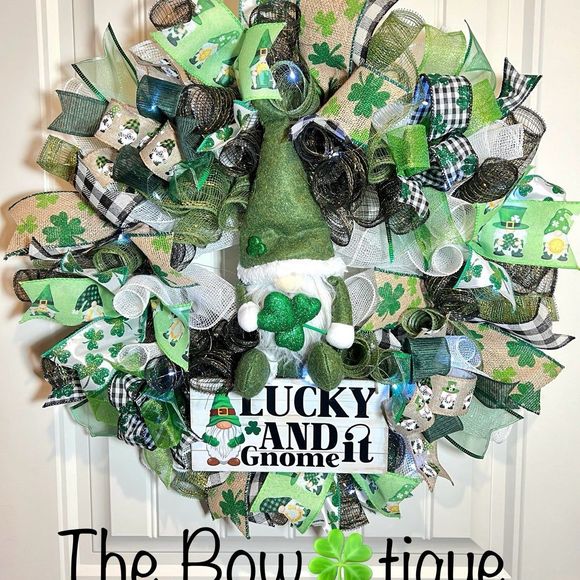 Handmade Other - Handmade St. Patrick’s Day Lucky and Gnome it Ribbon Prelit Wreath 22 in LED W15